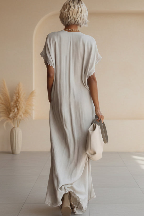 European And American Style Casual Elegant Comfortable Lace-trimmed Loose Linen Cotton Long Dress 