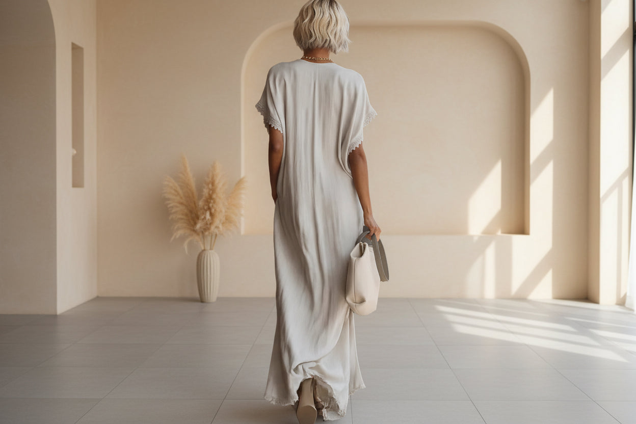 European And American Style Casual Elegant Comfortable Lace-trimmed Loose Linen Cotton Long Dress 