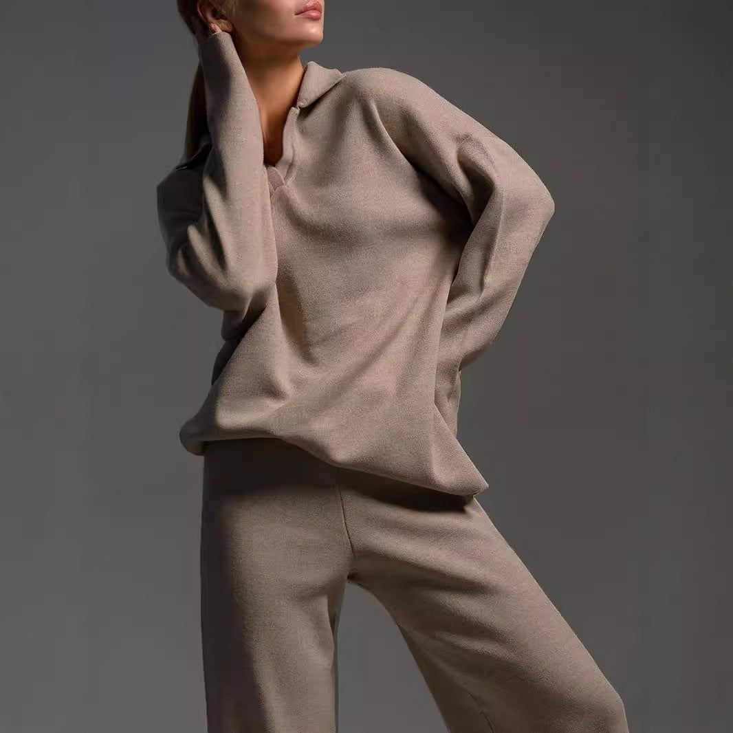 Fall Winter Two Piece Set Women's Simple Loose Solid Color Collar Sweater Set Fashion Casual Sport Wear Set 