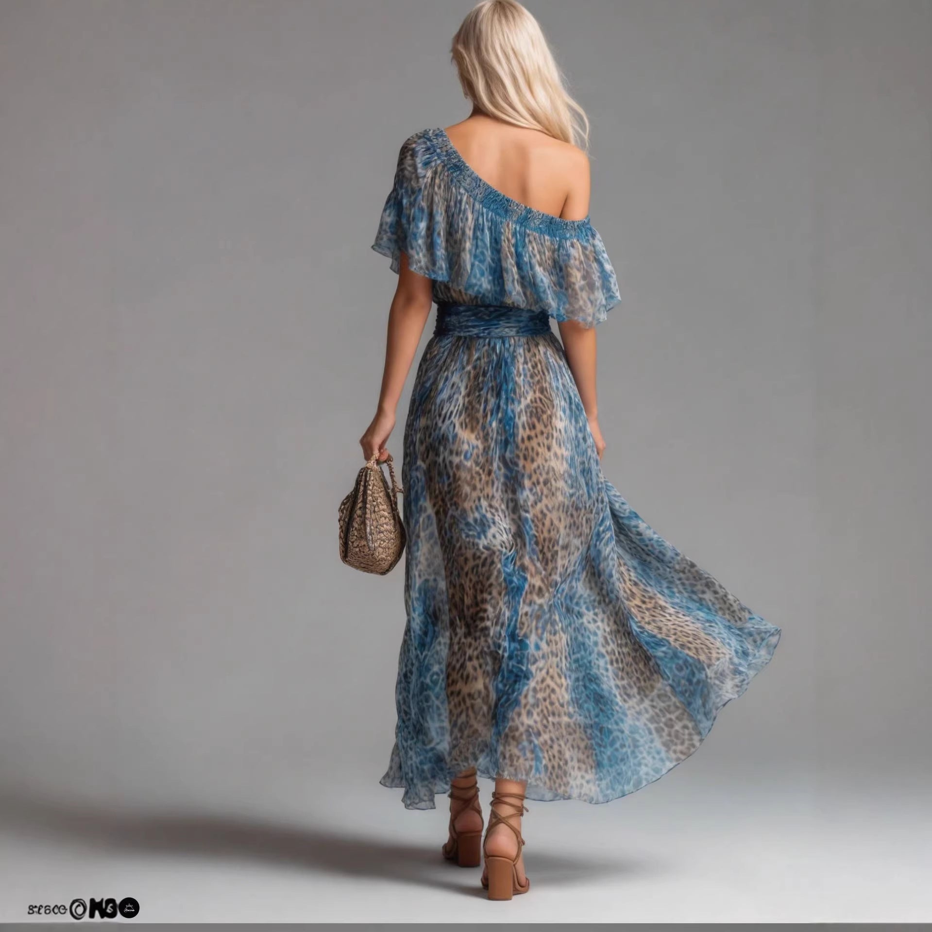 Blue-toned Leopard-print Chiffon Off-shoulder Dress For Women 