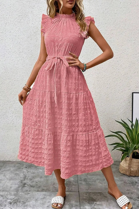 Tied Ruffled Cap Sleeve Midi Dress 