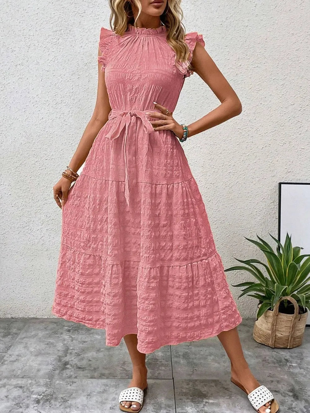 Tied Ruffled Cap Sleeve Midi Dress 