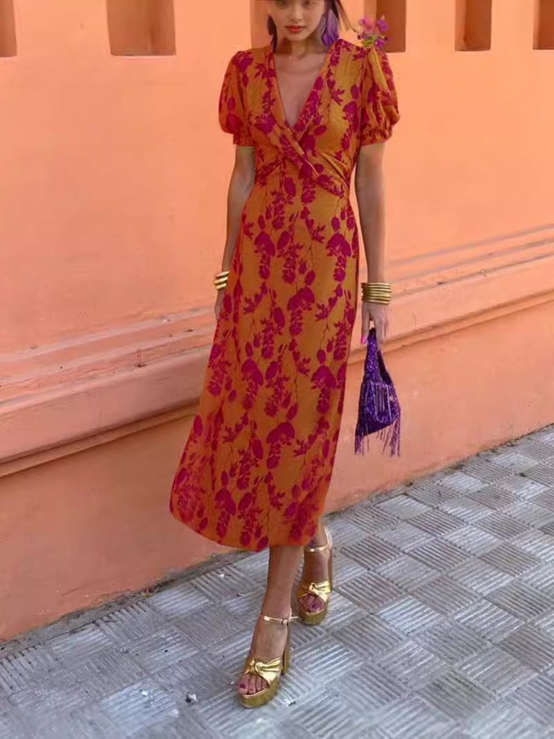 Elegant Form-Fitting Printed Ruched Maxi Dress, V-Neck Short Sleeve 