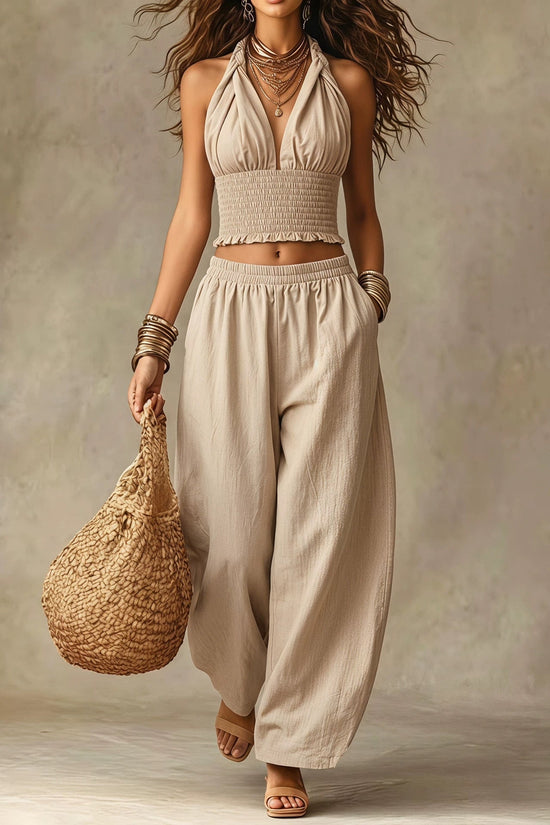 Hanging neck V-neck short top+loose lantern pants linen two-piece set for women 