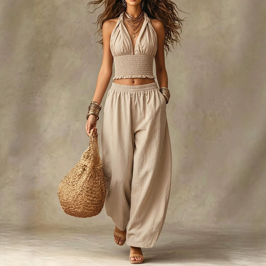 Hanging neck V-neck short top+loose lantern pants linen two-piece set for women 
