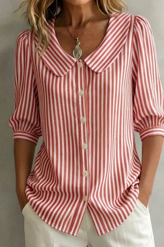 Mid-sleeve Striped V-neck Shirt Top T-shirt Womens Clothing 