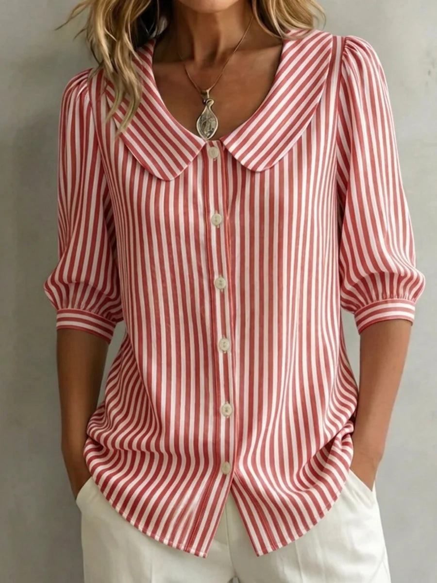 Mid-sleeve Striped V-neck Shirt Top T-shirt Womens Clothing 