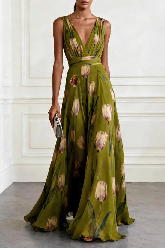 Elegant Tulip Print Evening Dress for Women Sleeveless V-Neck Chiffon Long Dress 