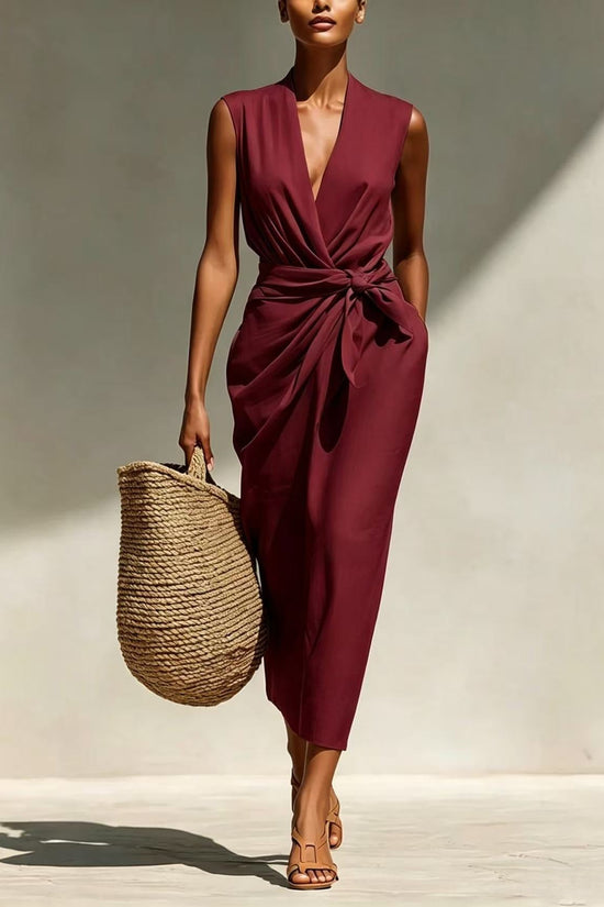 Solid-color Sleeveless Cotton-linen Feel Midi Dress 