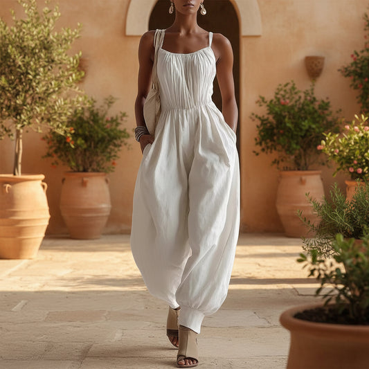 Womens Sleeveless Cotton-Linen Blend Jumpsuit 