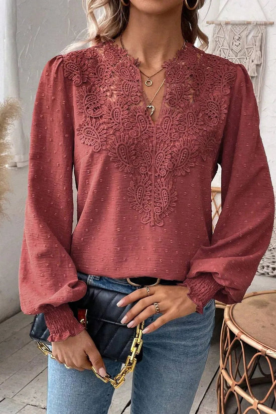 Swiss Dot Lace Detail Notched Long Sleeve Blouse 