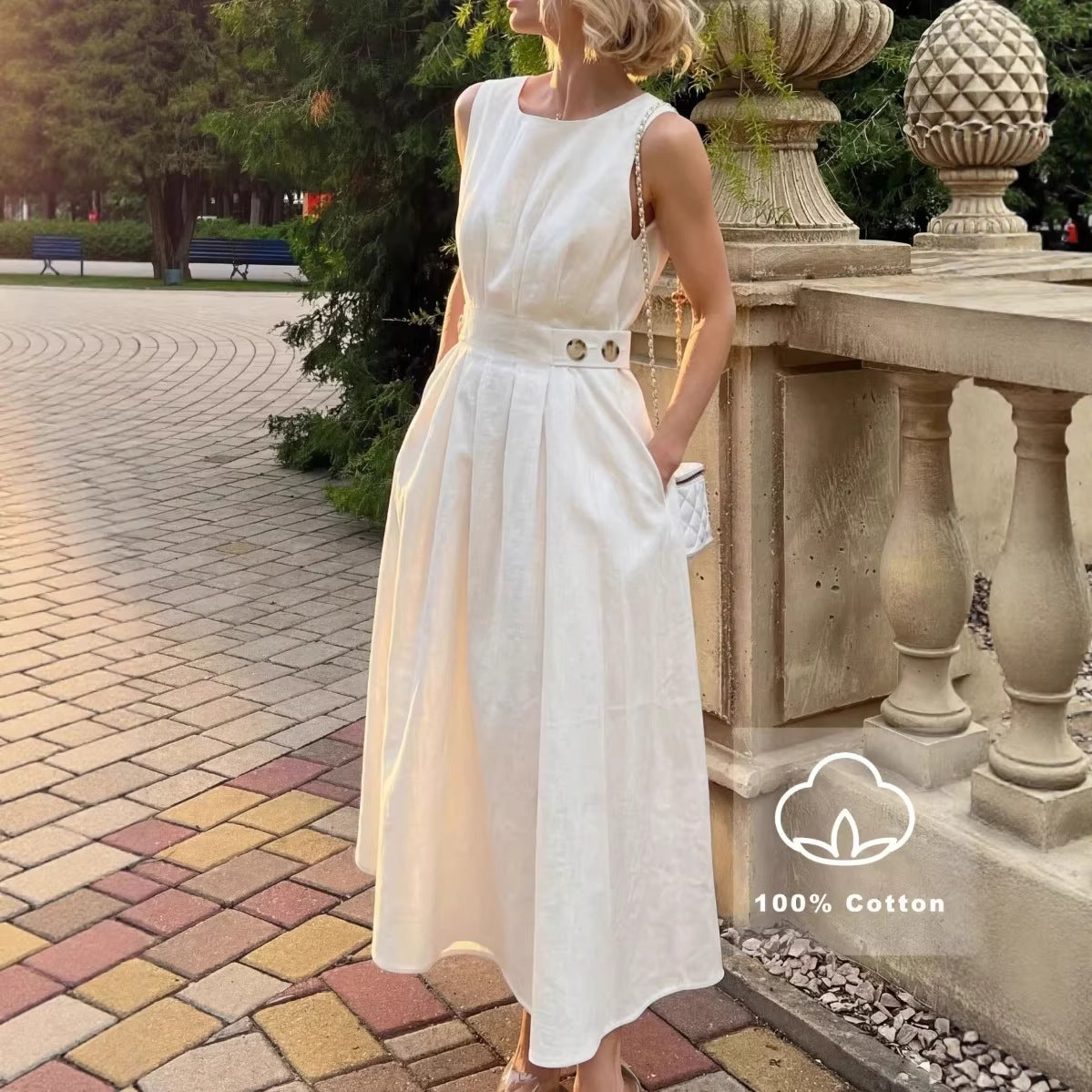 French-style Elegant Casual Minimalist Sleeveless Crew-neck Dress 