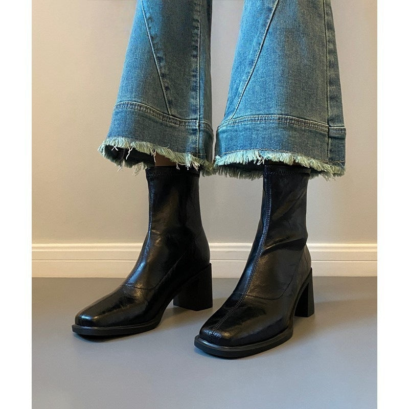 Commuter High Heel Stretch Retro Boots With Chunky Heels CJ