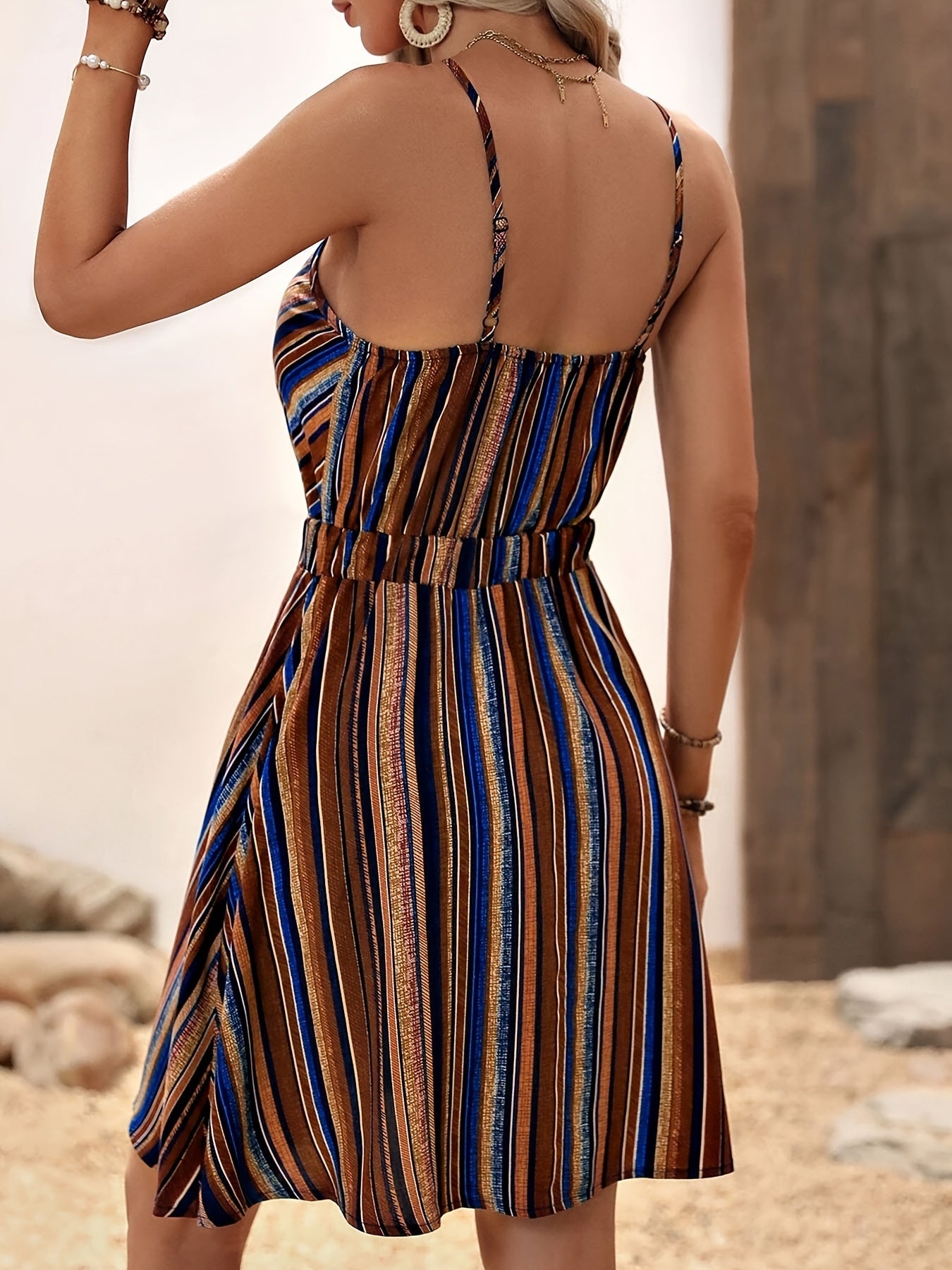 Women’s Deep V-Neck Striped Slip Dress CJ US