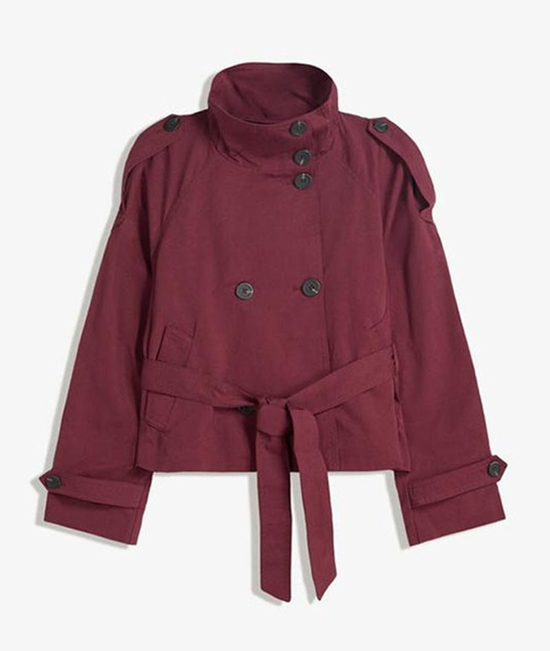 Womens Buttoned Waist-Cinching Lace-Up Trench Coat 