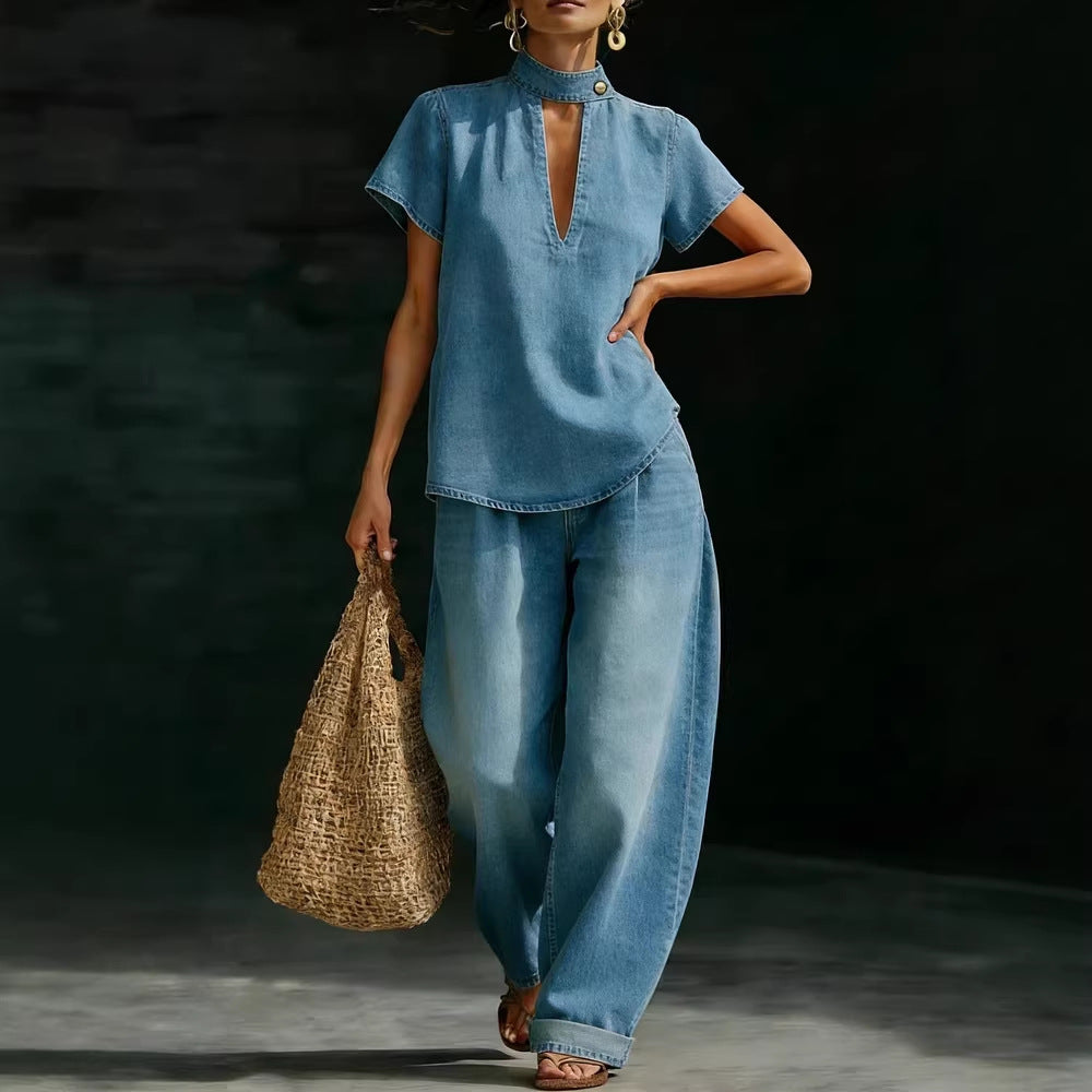 Solid-color Short-sleeve Casual Loose-fit Faux Denim Two-piece Set 