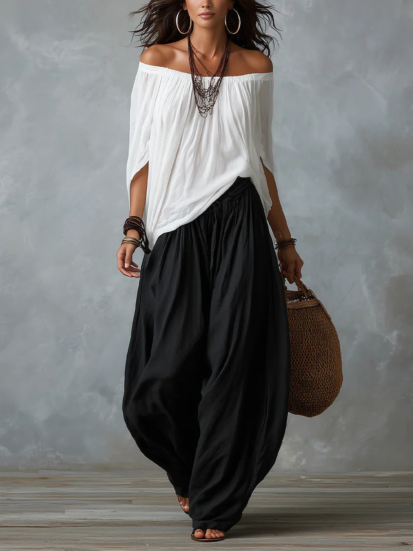 Fashion One-Shoulder T-Shirt with Wide-Leg Pants Set for Women, Elegant Two-Piece Long Sleeve Casual Outfit 
