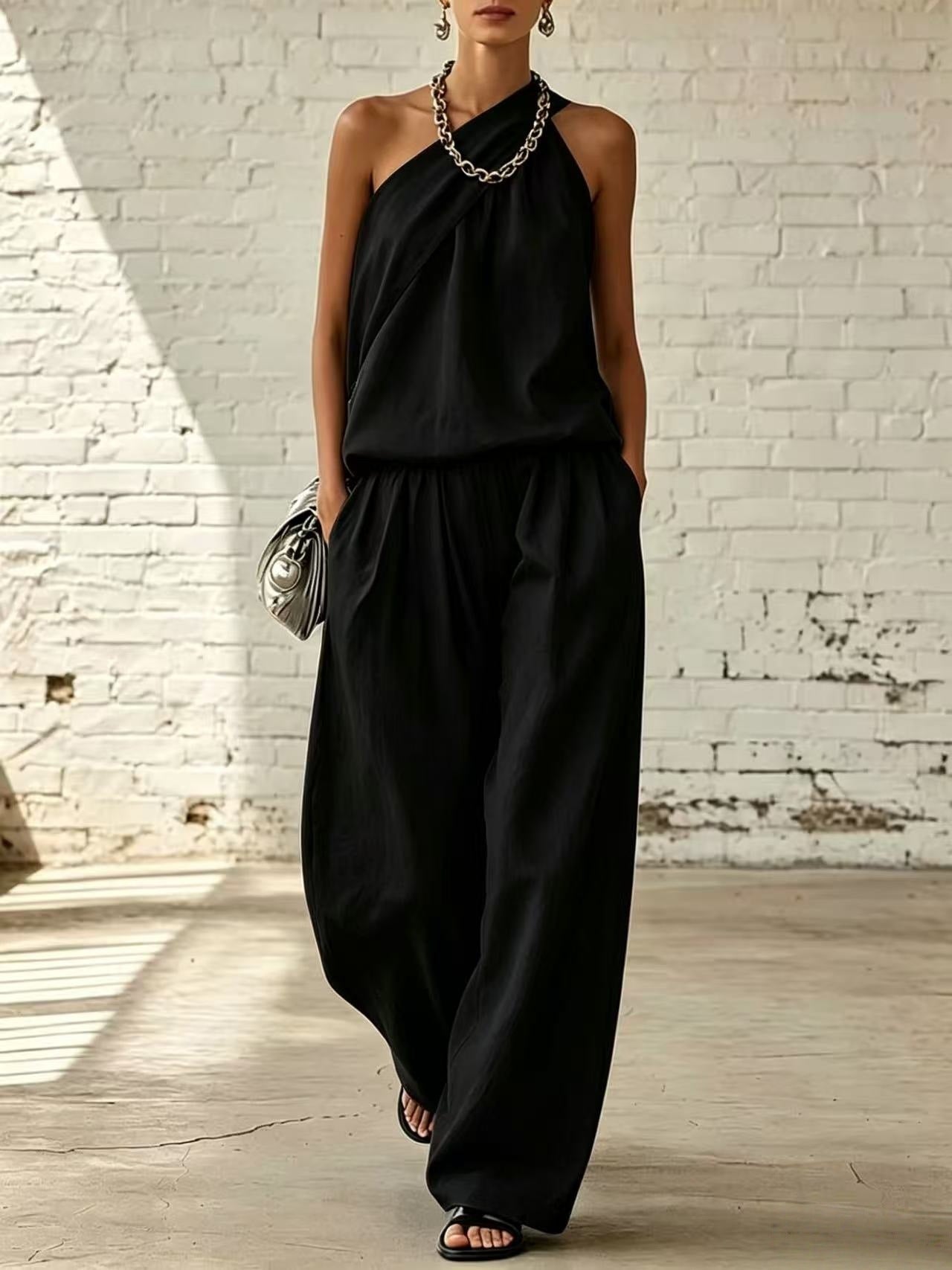 Cotton-linen Sleeveless Double-layer Top And Wide-leg Pants Set 