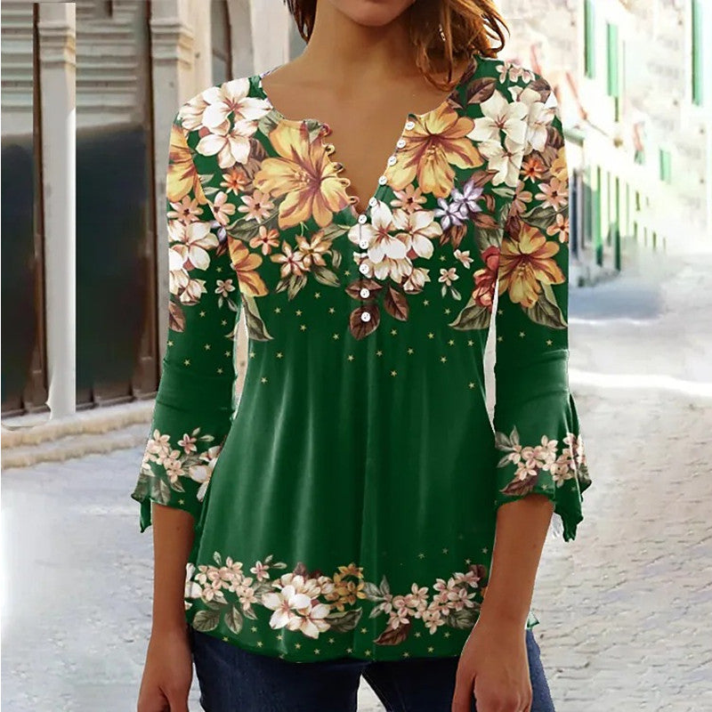 Women’s V-Neck 3/4 Sleeve Button-Front Tunic Blouse 