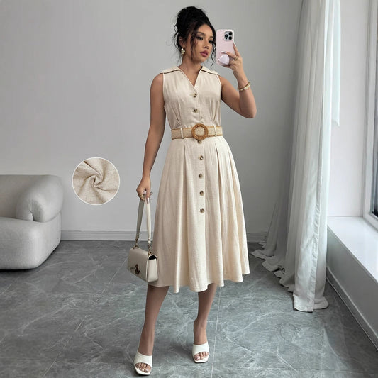 V-neck sleeveless breasted waistband A hem shirt dress for women 