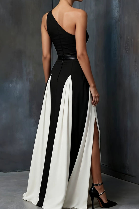 Elegant Single Shoulder Black and White Long Dress, Fashionable Chic Black and White Split Strap Dress 