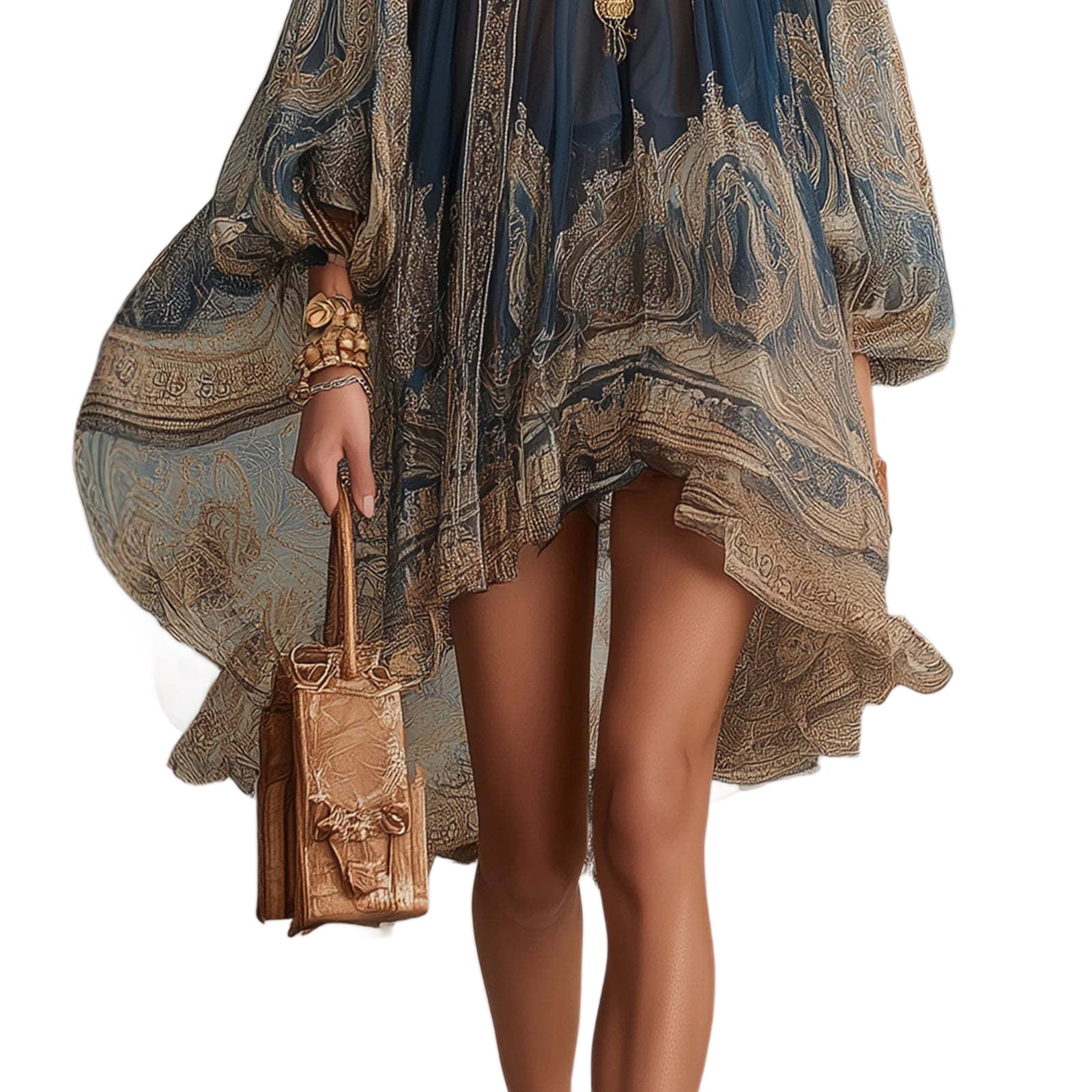 Printed Long Sleeve High Neck Loose Dress 