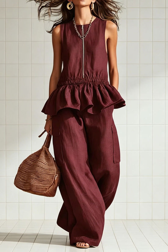 Sleeveless pleated vest wide leg pants set 