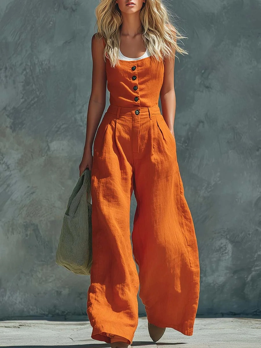 2026 European And American Cross-border Foreign Trade New Style Retro Button Front Opening High Waist Wide Leg Jumpsuit 