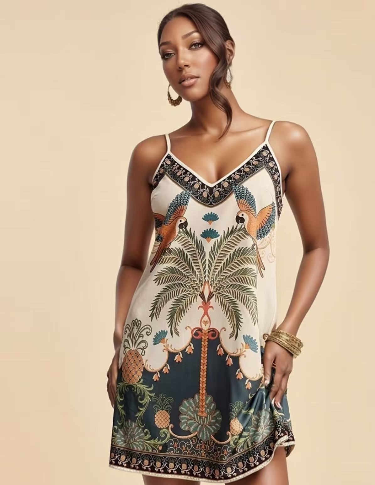 European And American-style Tropical Print V-Neck Slip Dress 