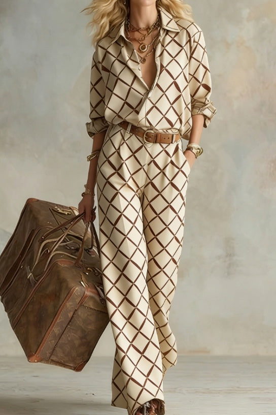 Vertical Striped Collared Loose Long-sleeved Shirt And Wide-leg Pants Suit 
