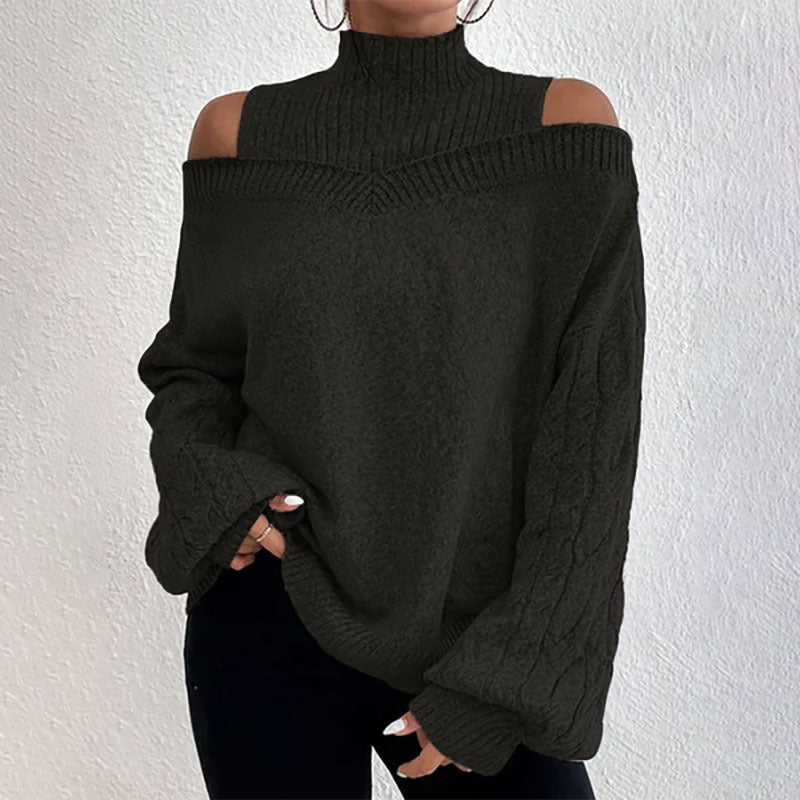 Women’s Elegant Off-Shoulder Turtleneck Sweater — Long Sleeve Knit Top 