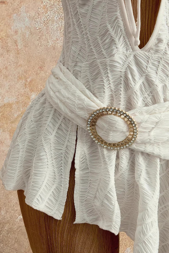 Deep V-Neck Tie-Up  Asymmetrical Dress White Strapless Irregular Hem 