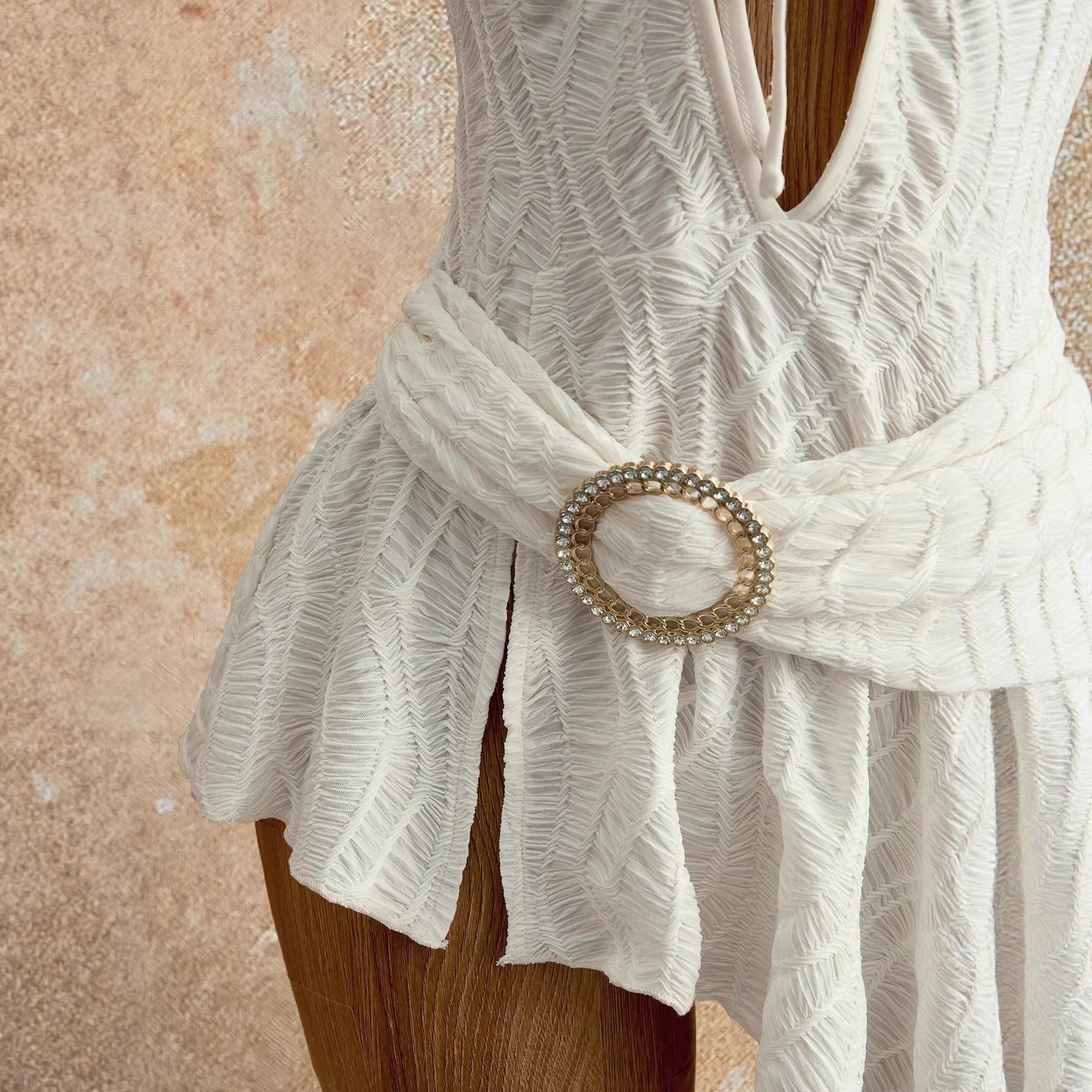 Deep V-Neck Tie-Up  Asymmetrical Dress White Strapless Irregular Hem 