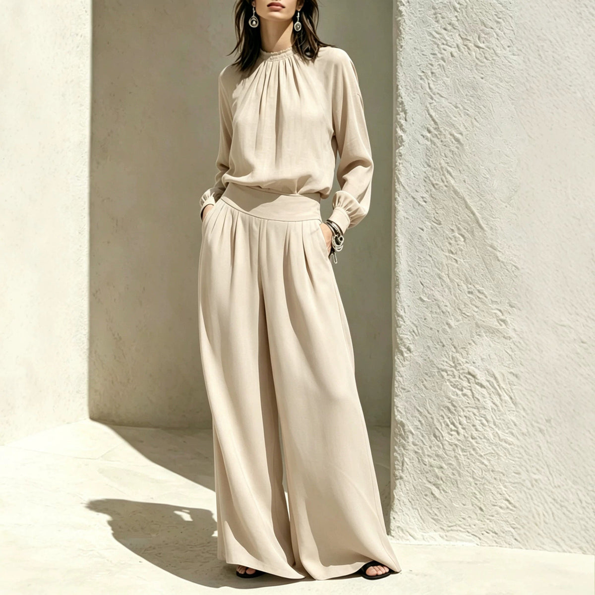 Casual Solid Color Long Sleeve Stand-up Collar Loose Fit Women's Fashion Set BlouseWide-leg Pants 