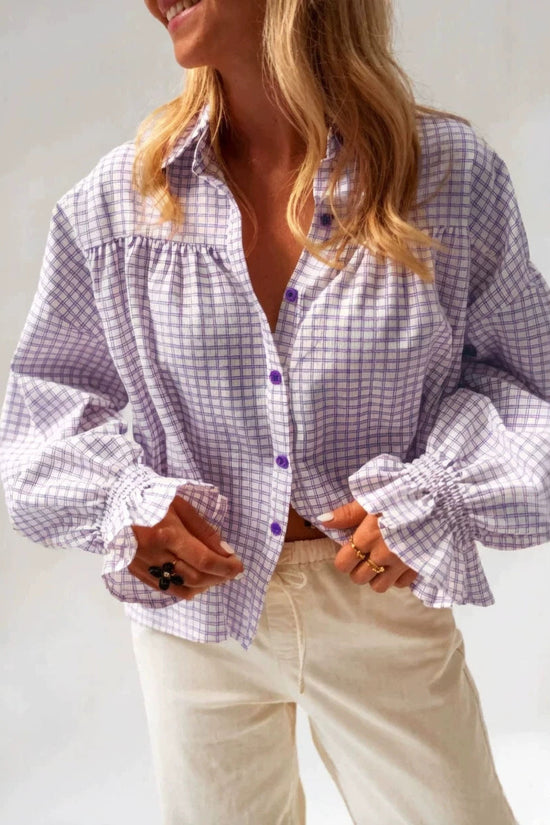 Style new women's flared sleeve plaid long sleeve shirt 