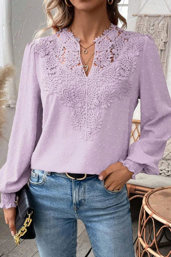 Swiss Dot Lace Detail Notched Long Sleeve Blouse 
