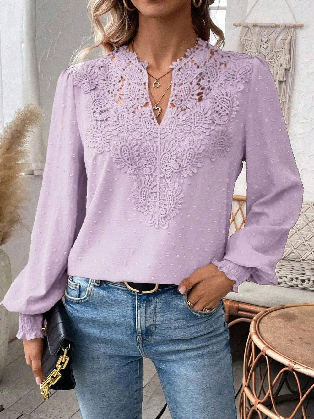 Swiss Dot Lace Detail Notched Long Sleeve Blouse 