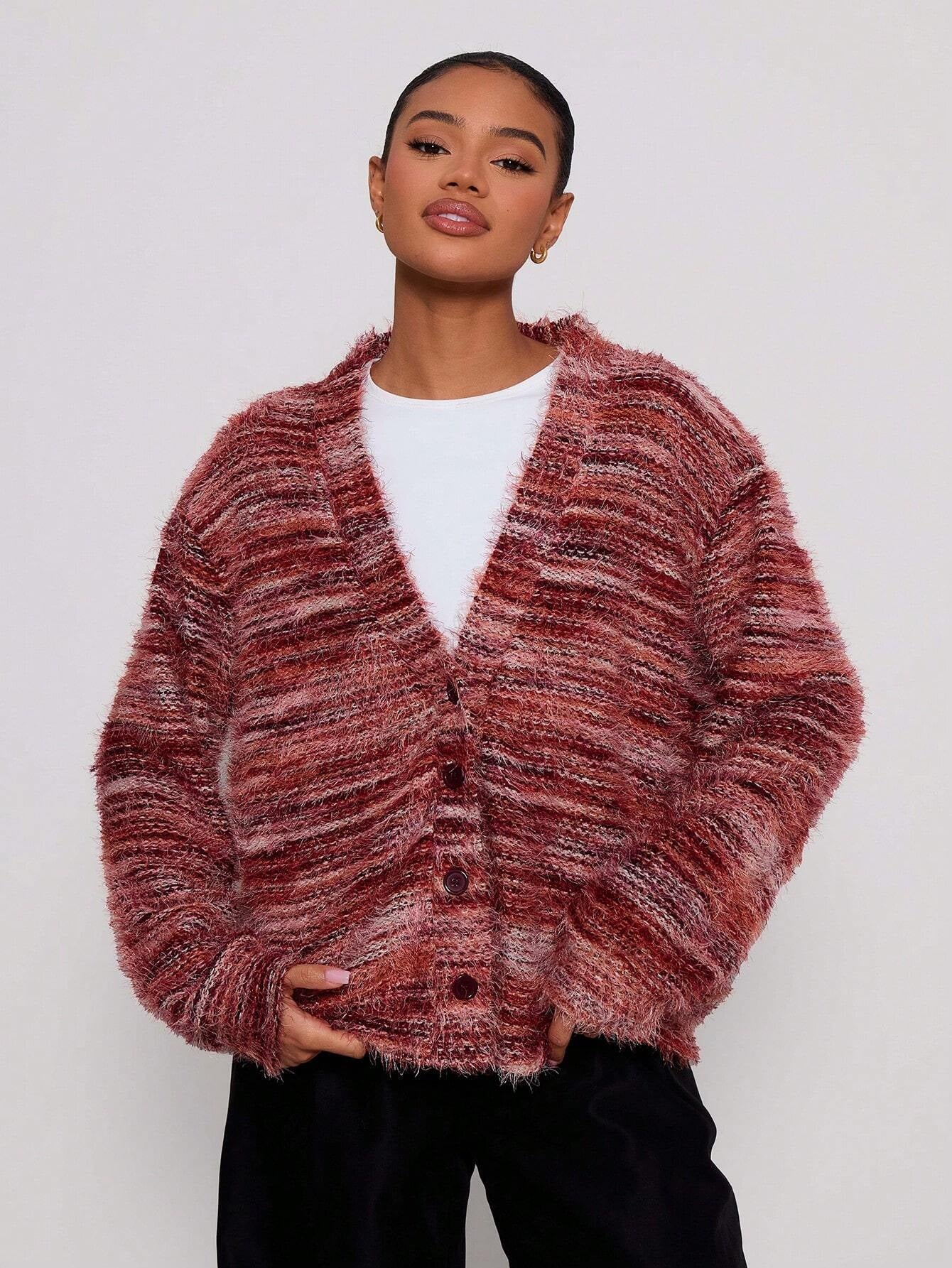 Vintage Deep V-Neck Fleece Cardigan – Long Sleeve Color-Block 
