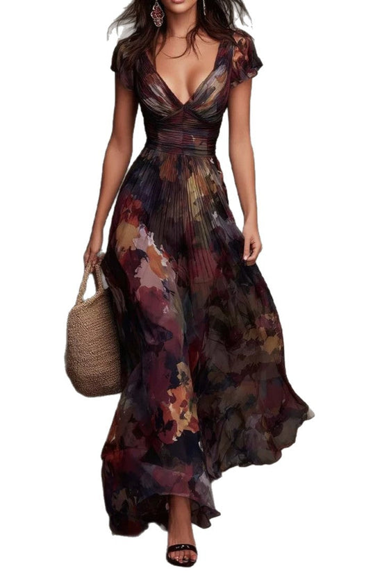 Elegant Deep V-Neck Painted Print Fitted Waist Flowy Chiffon Maxi Dress 