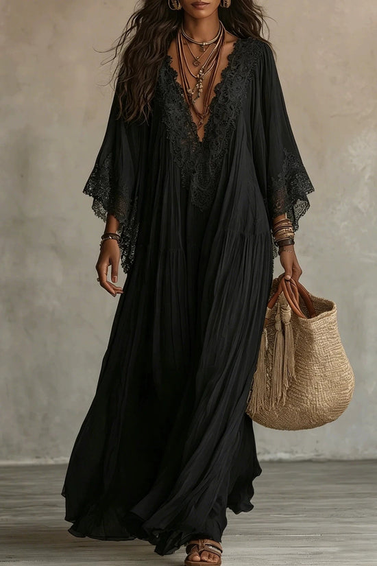 Lace patchwork V-neck long vacation beach dress 