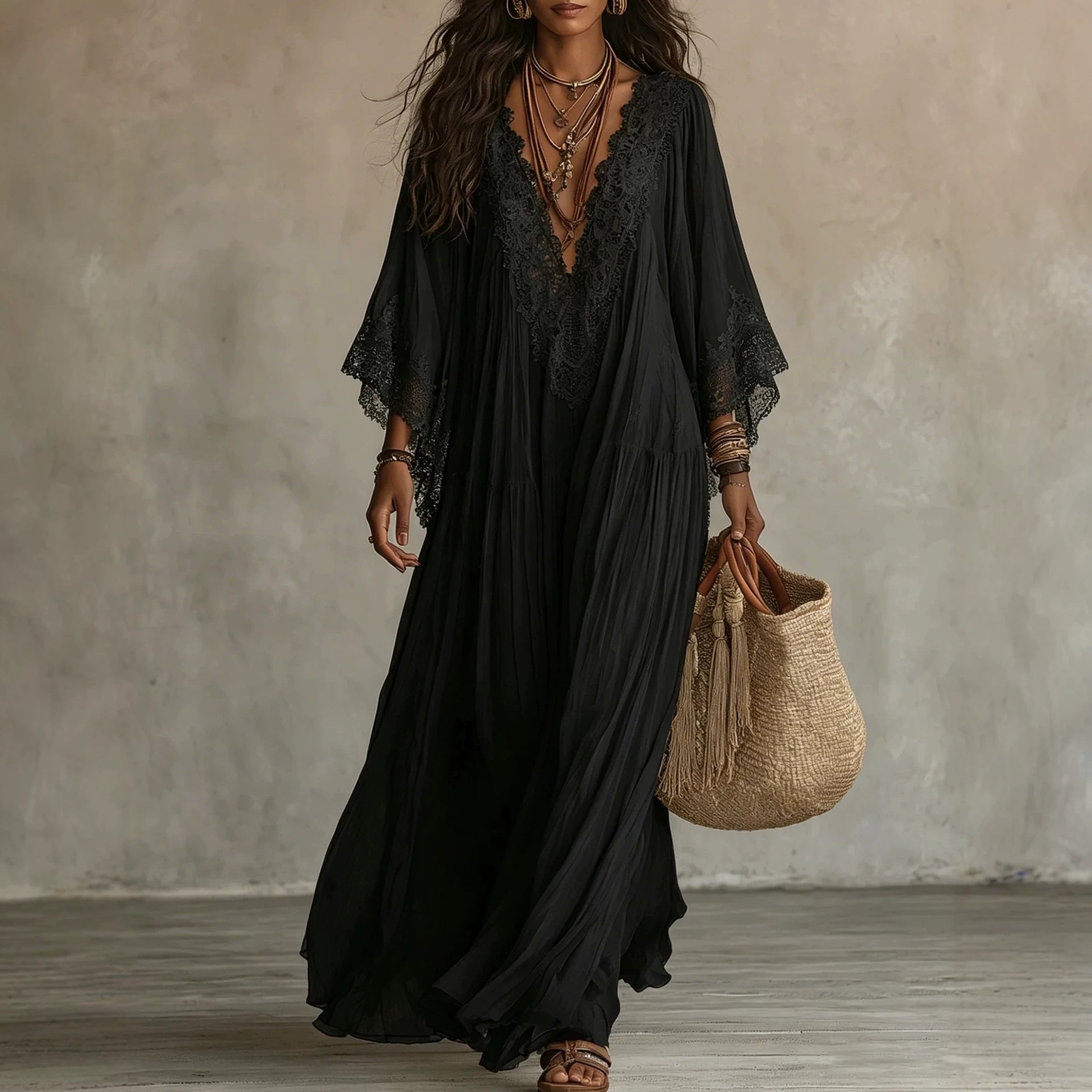 Lace patchwork V-neck long vacation beach dress 