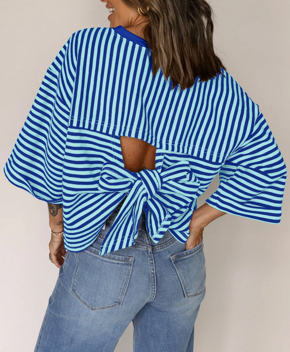 Round neck striped back tie bow pullover top 