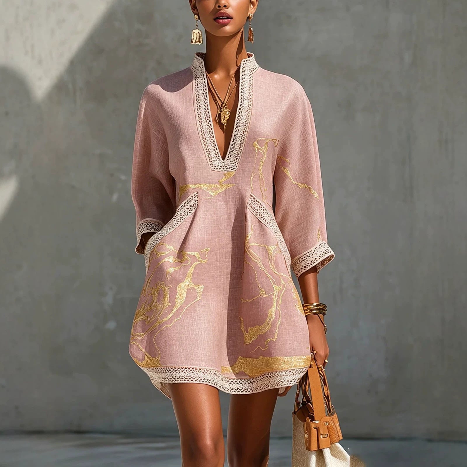 Printed lace trimmed seven quarter sleeved cotton linen short dress 