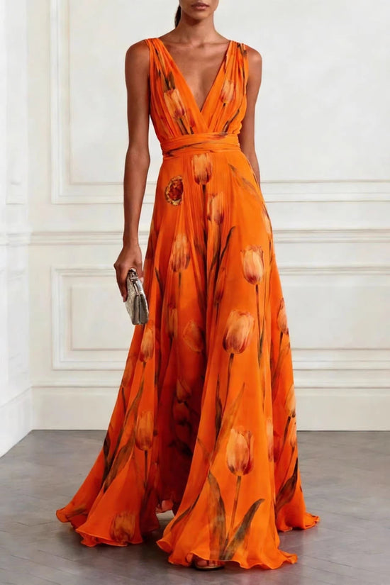 Elegant Tulip Print Evening Dress for Women Sleeveless V-Neck Chiffon Long Dress 