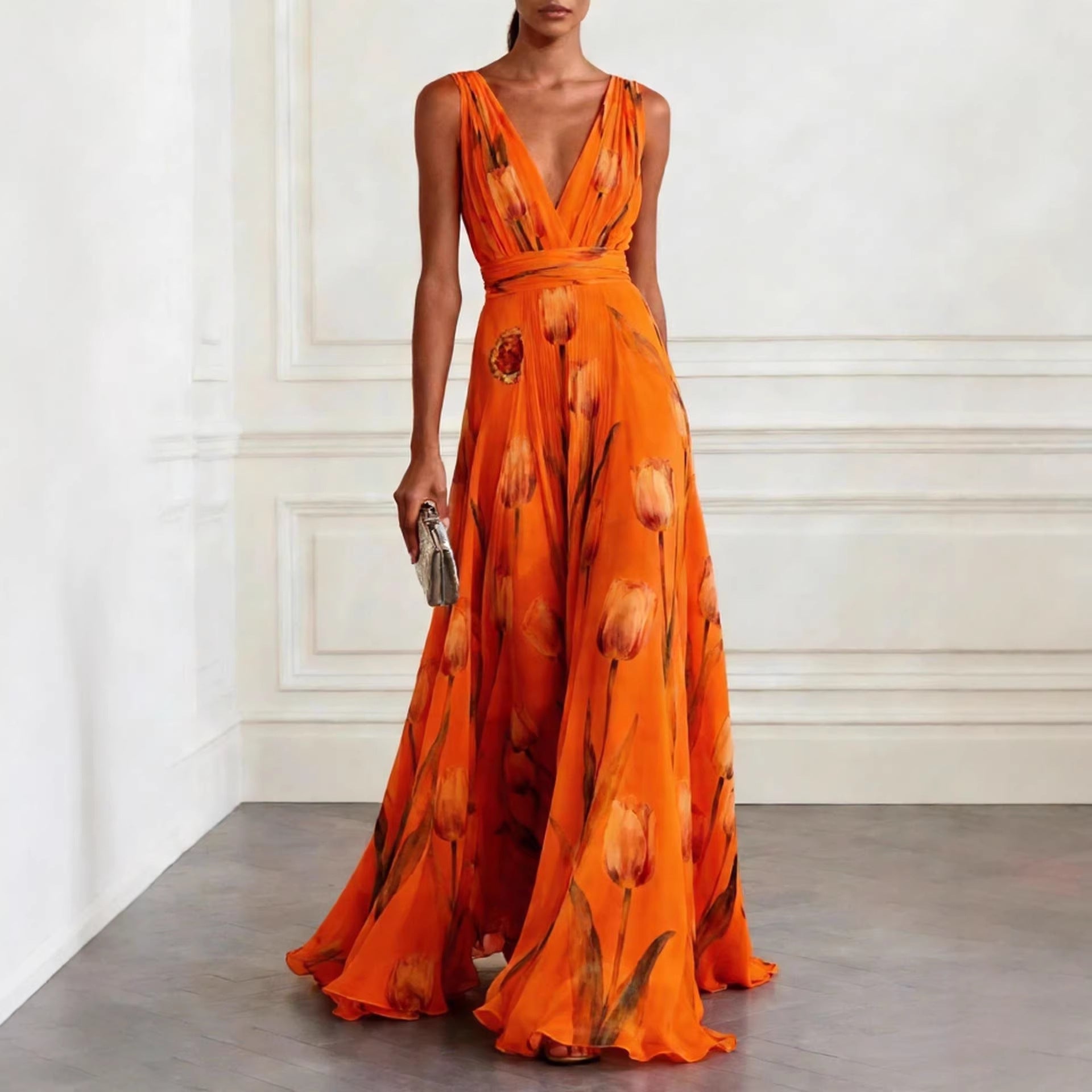 Elegant Tulip Print Evening Dress for Women Sleeveless V-Neck Chiffon Long Dress 
