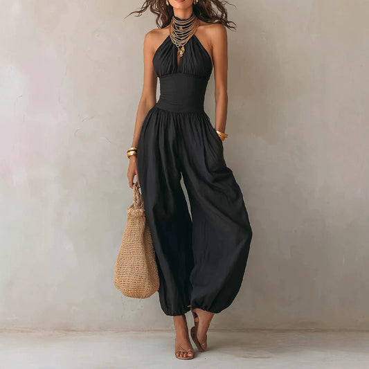 Sleeveless hanging neck backless high waisted jumpsuit 