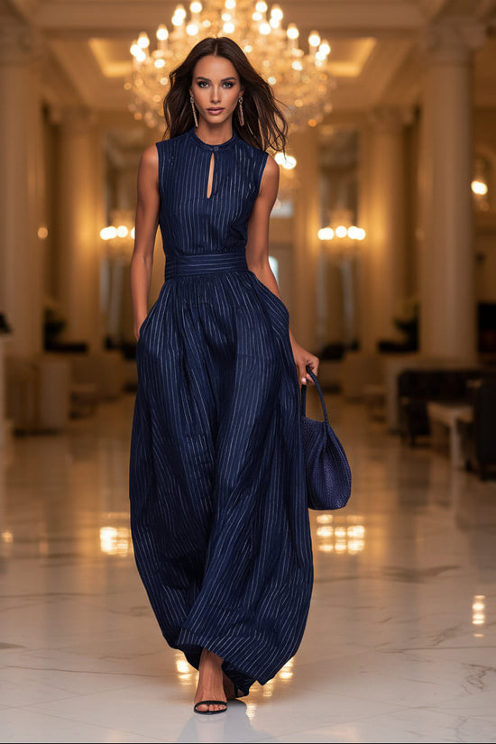 Deep blue striped sleeveless waist cinched wide leg jumpsuit 