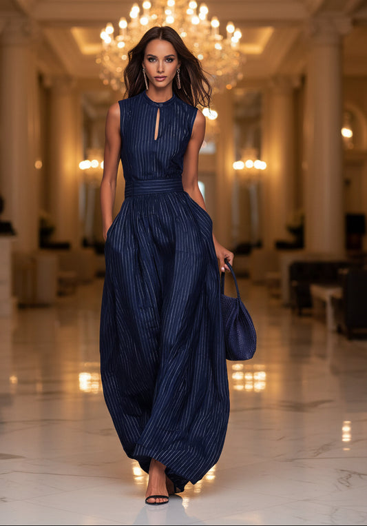 Deep blue striped sleeveless waist cinched wide leg jumpsuit 