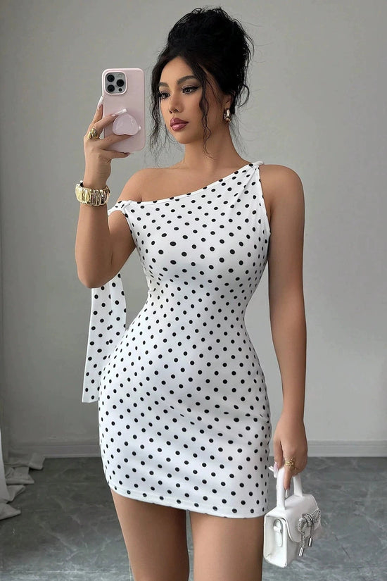 Wave point sloping shoulder strap slim fit hip hugging jumpsuit short skirt for women 