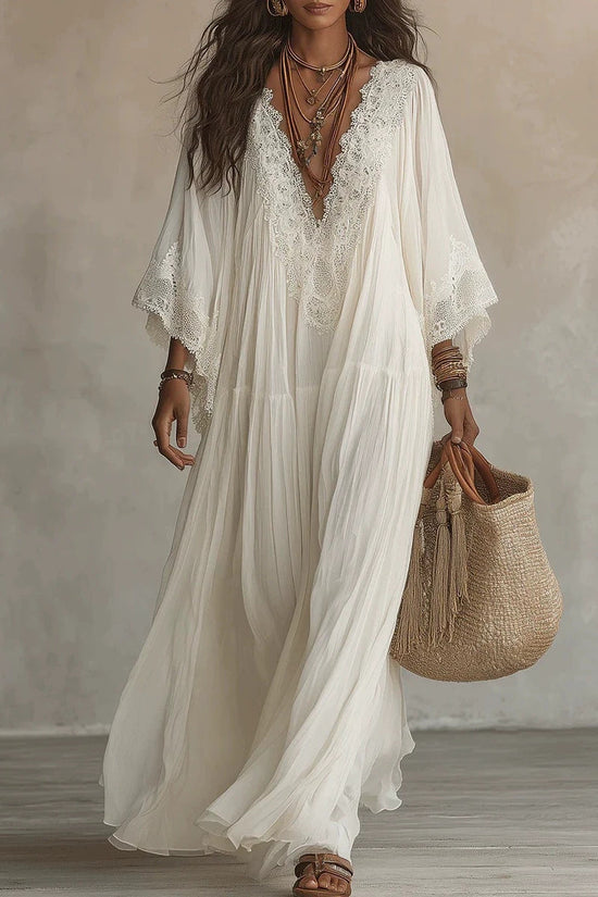 Lace patchwork V-neck long vacation beach dress 